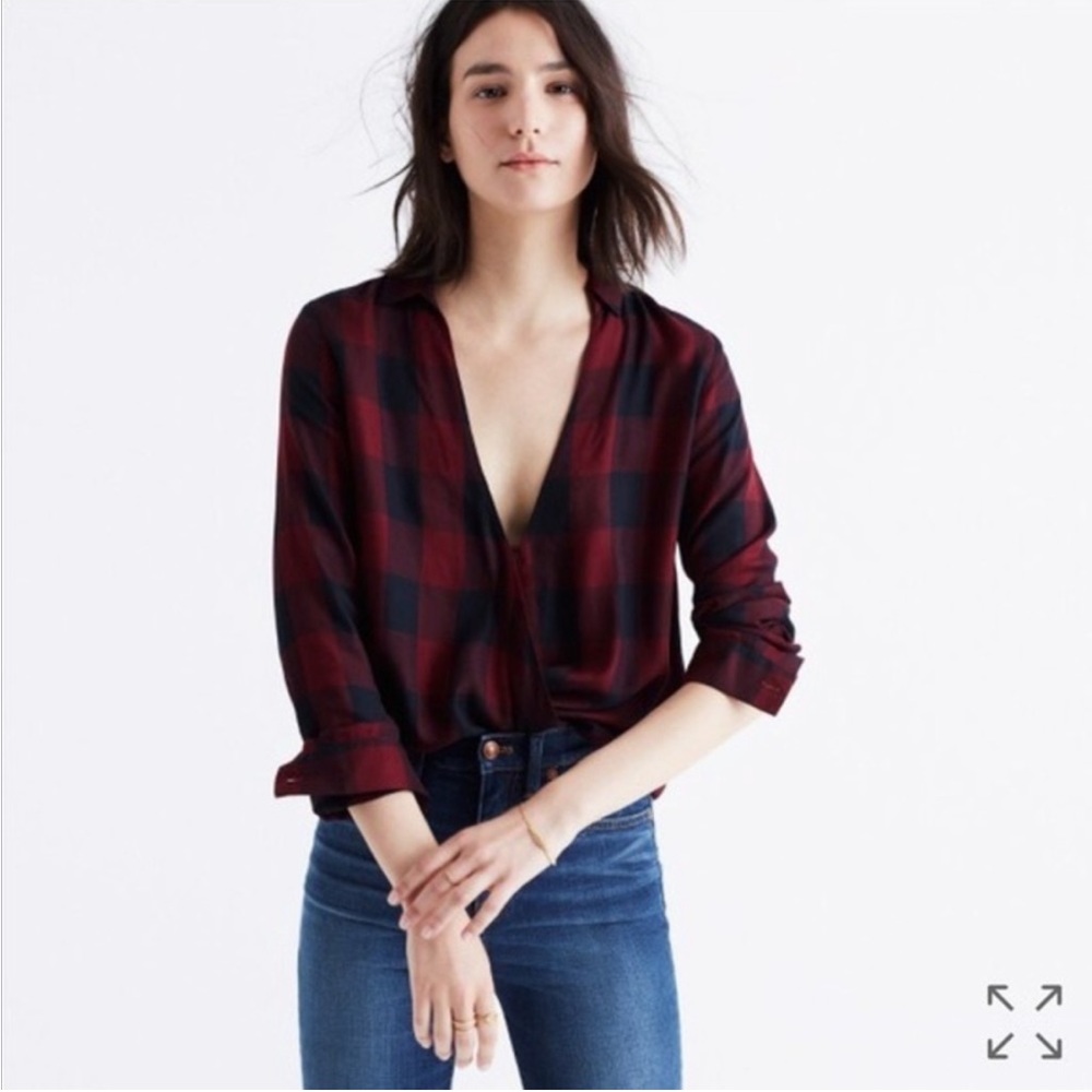 Madewell Wrap Front Cherry Red & Black Buffalo Plaid Top | Sz Large